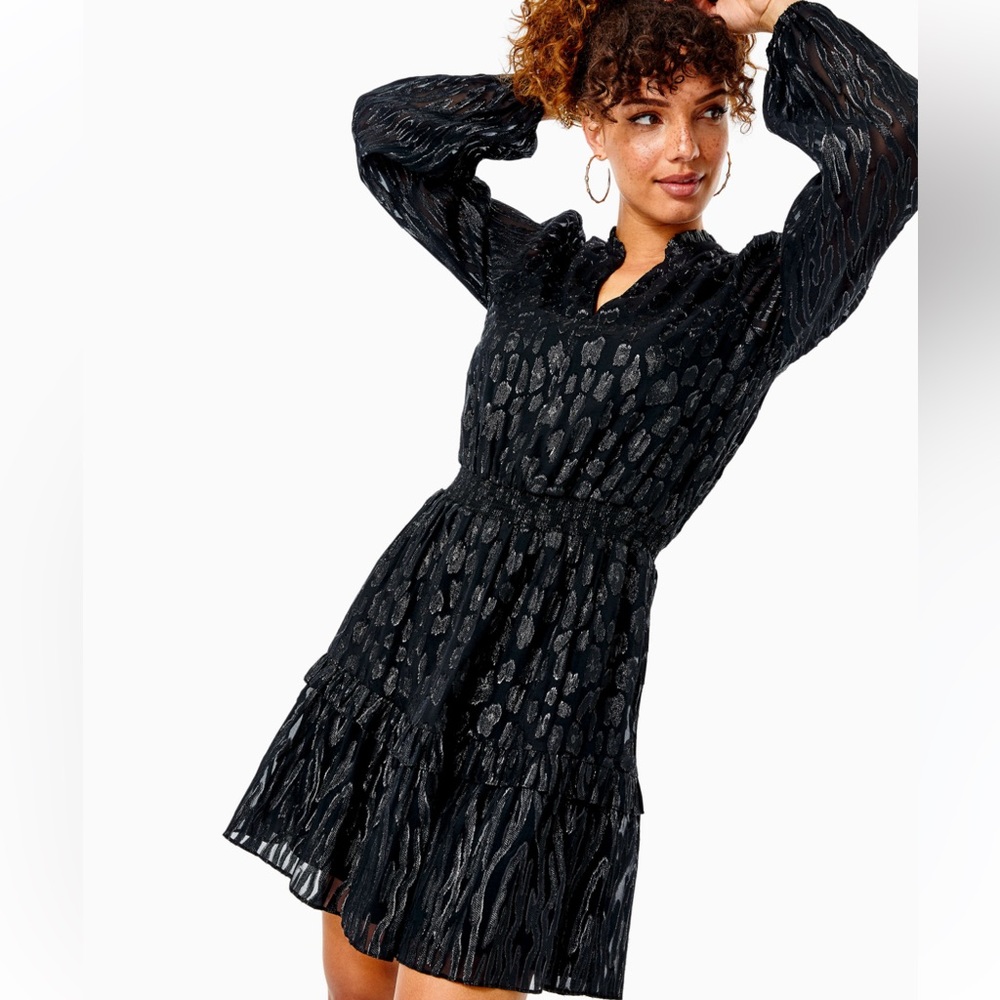 Lilly Pulitzer Womens avelynn silk dress Size 2 Onyx Seeing Spots Metalic Clip